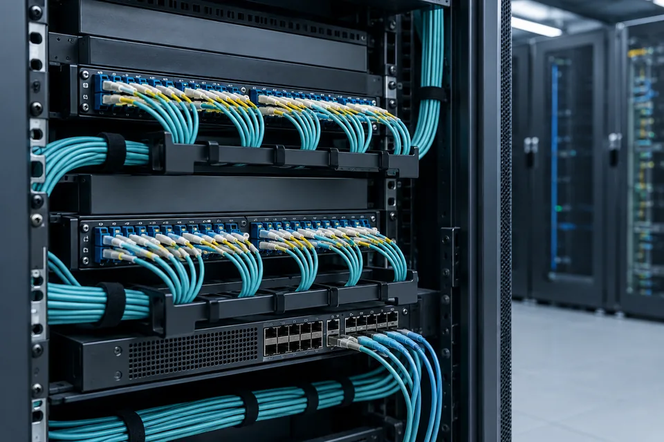 Generierte redaktionelle Illustration eines Netzwerkracks mit geordneten Glasfaserverbindungen